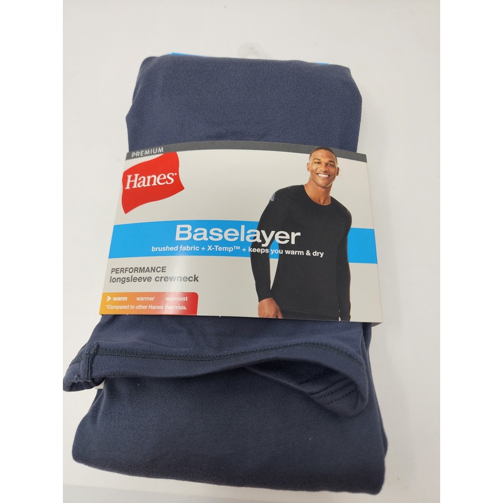 Hanes Mens Baselayer Thermal Long Sleeve Top Blue Polyester Blend Size Medium